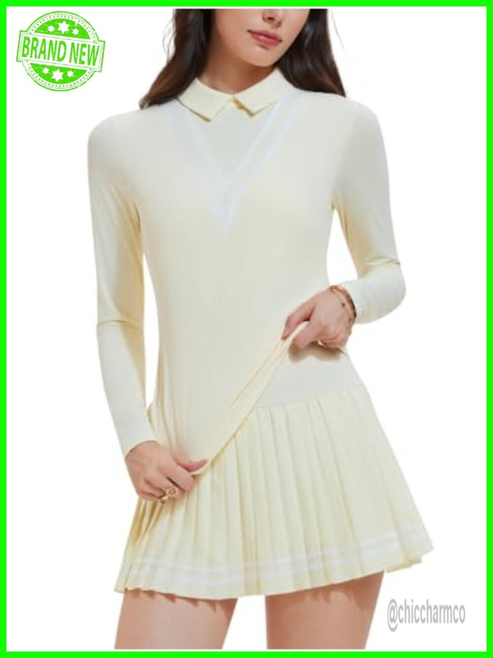 2 Piece Tennis Skirt Set Long Sleeve Polo Top Pleated Skorts Athletic